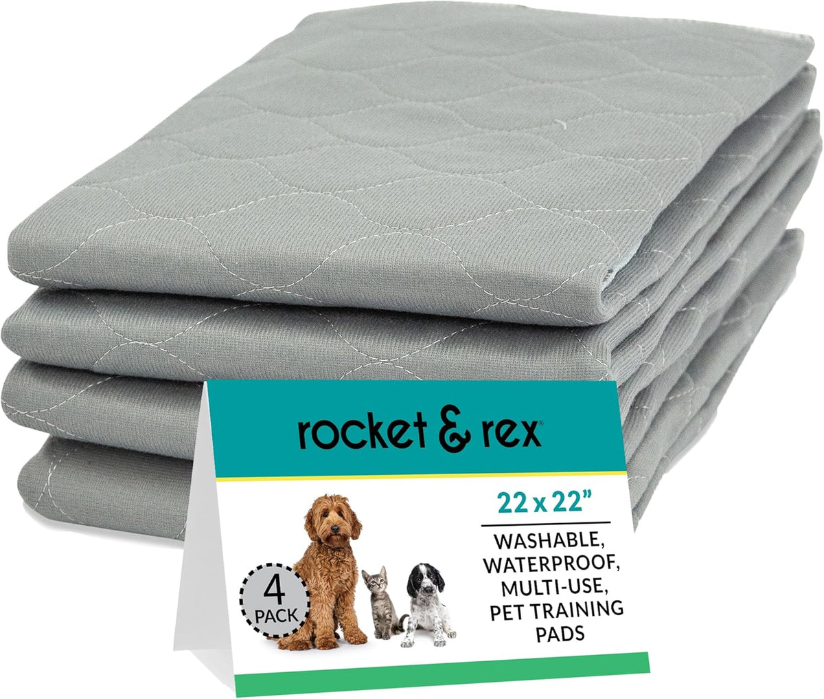 Grey Washable Reusable Pee Pads, Leak-Proof (22X22, 4Pk) | for Potty Training, Whelping & Crate Lining. OEKO-TEX, Chemical-Free.
